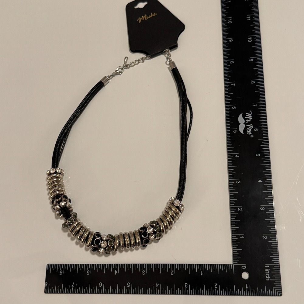 Mocha Black Cord Necklace Silver Tone Bead Crystal Statement Necklace‎ Womens